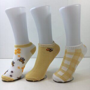 Womens Bee-Theme Ankle Socks 3-Pack Bees Gingham Honey Yellow White